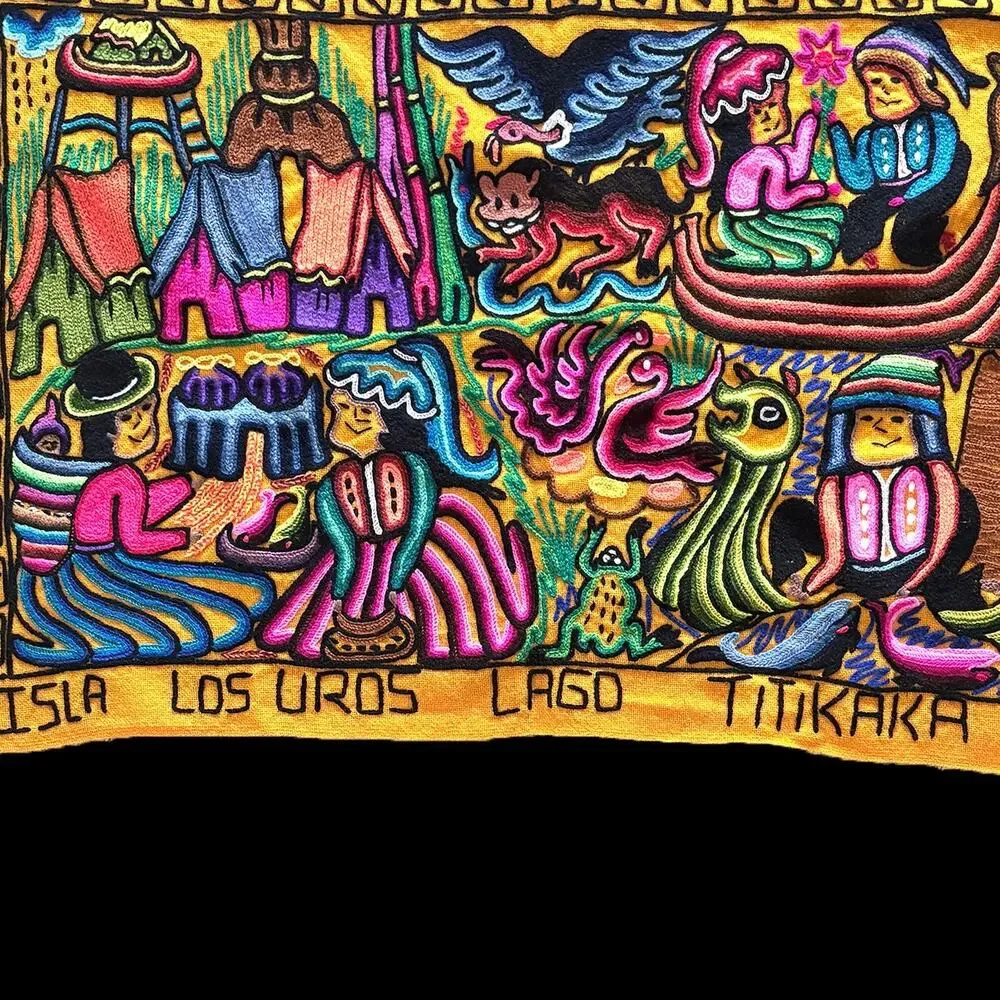 Hand Embroidered Peruvian Folk Art Tapestry 3 ft 2.5 in by 2 ft 1 in Looks New